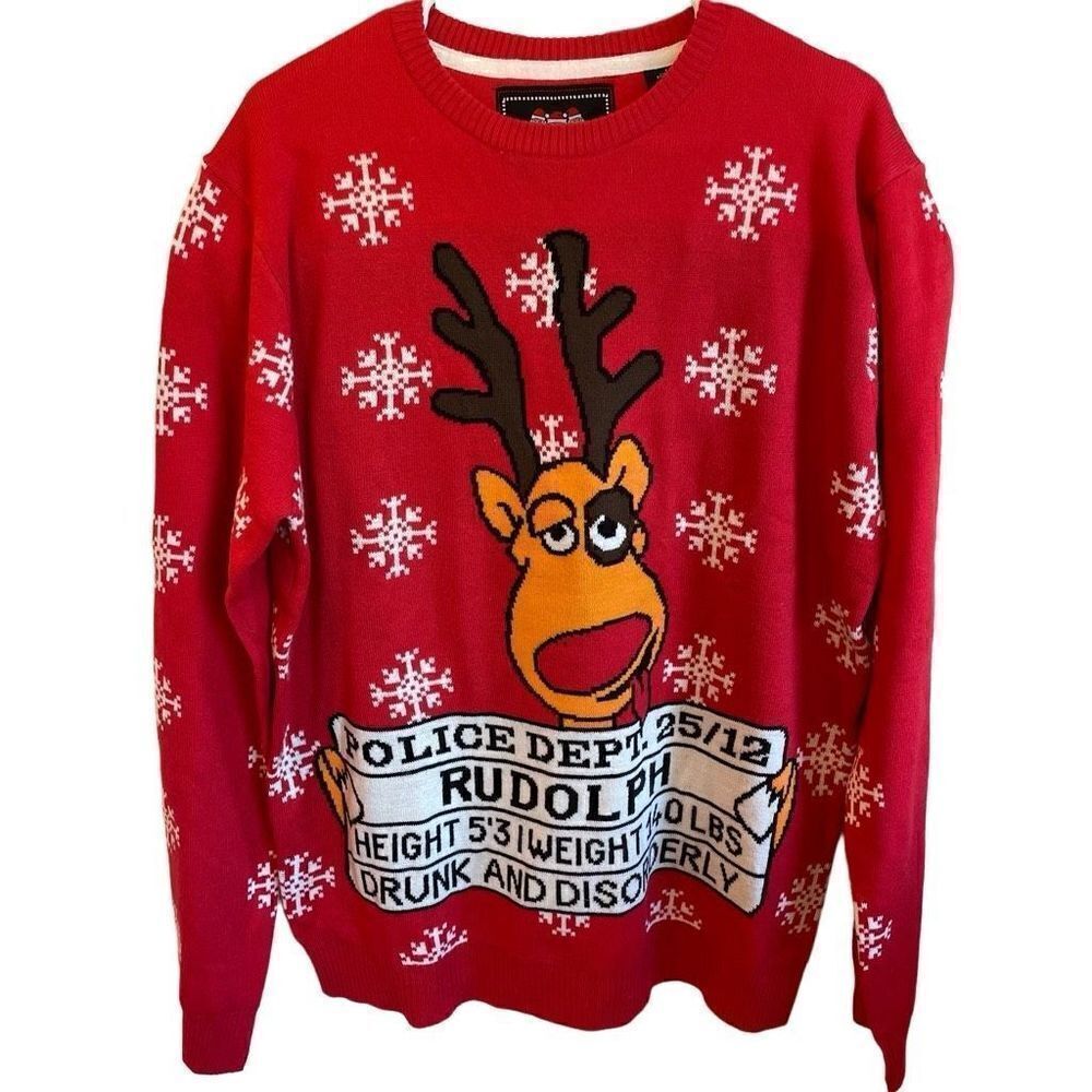 Santas Sweater Men’s L Drunk Rudoloph Red Knit Acrylic Snowflake Long Sleeve NWT